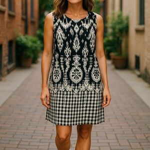 AB Studio Sheath Dress Women’s Size 8 Aztec Print White Black Tan Sleeveless